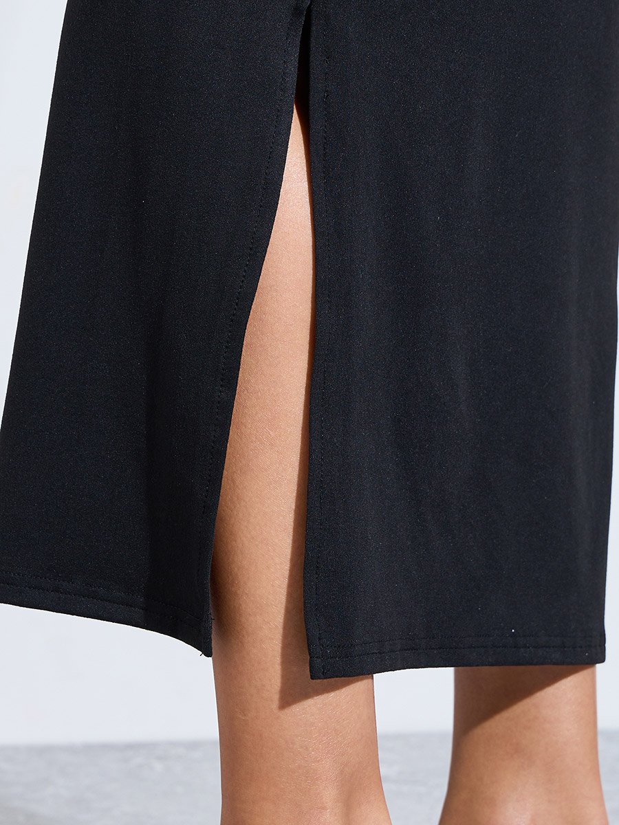 Black Solid Short Sleeve Bodycon Midi Dress