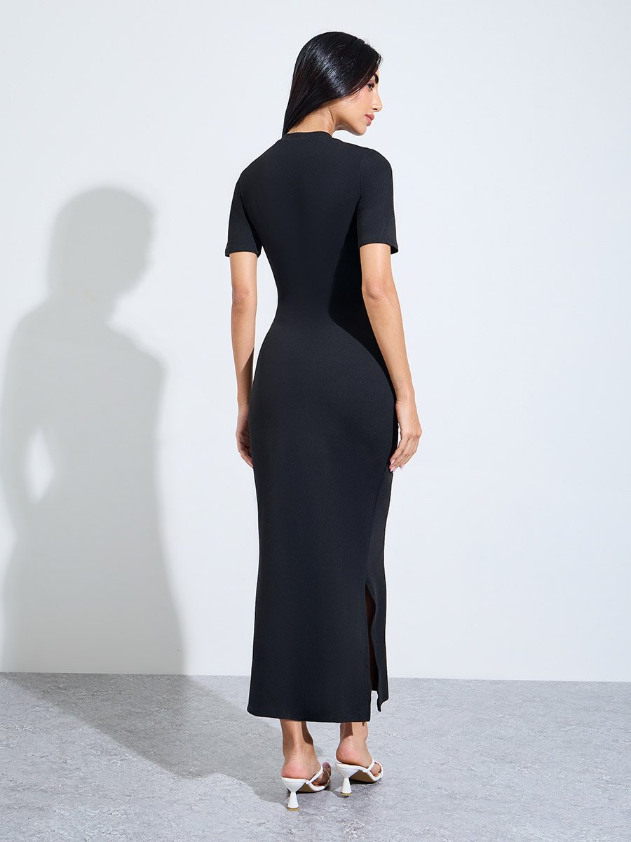 Black Solid Short Sleeve Bodycon Midi Dress