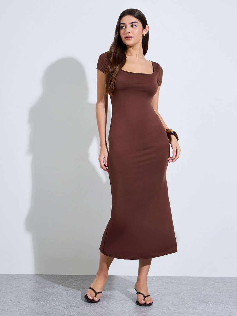 Brown Solid Square Neck Bodycon Midi Dress 