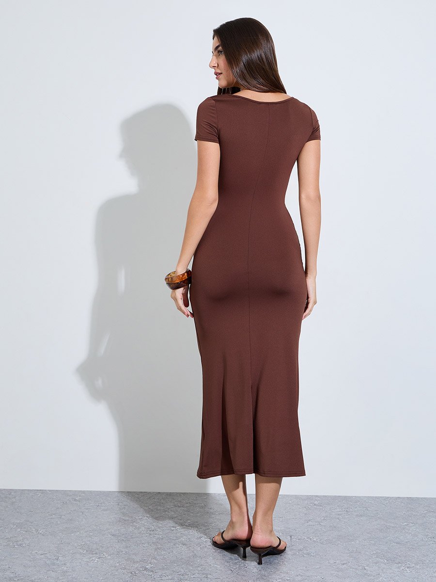 Brown Solid Square Neck Bodycon Midi Dress 