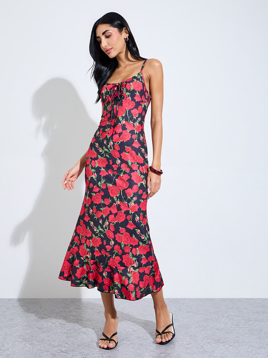 Red Floral Strappy Fit and Flare Midi Dress