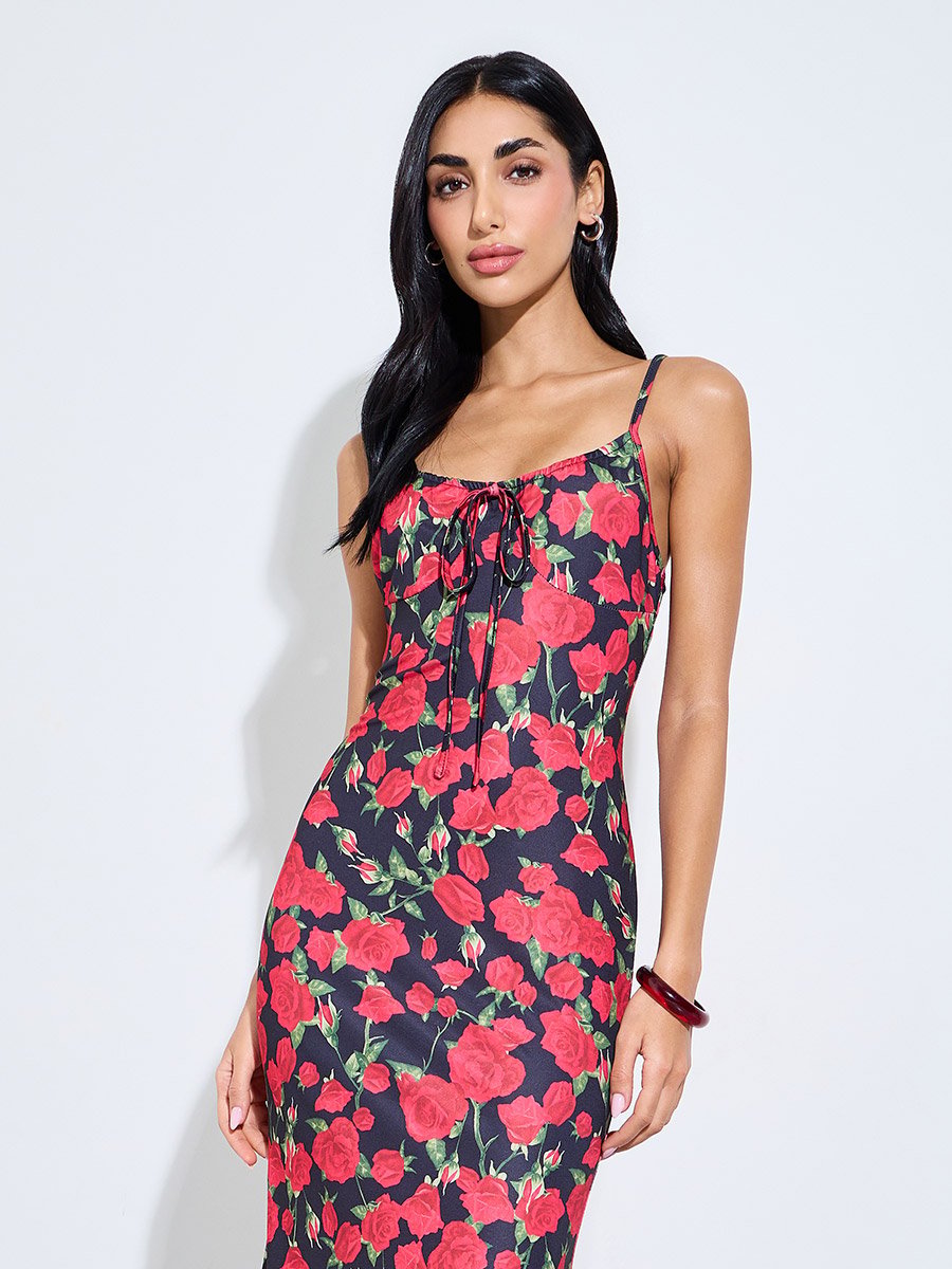 Red Floral Strappy Fit and Flare Midi Dress