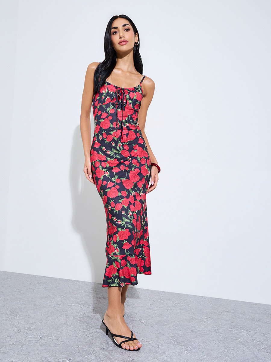 Red Floral Strappy Fit and Flare Midi Dress
