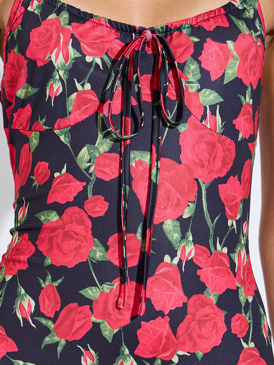 Red Floral Strappy Fit and Flare Midi Dress