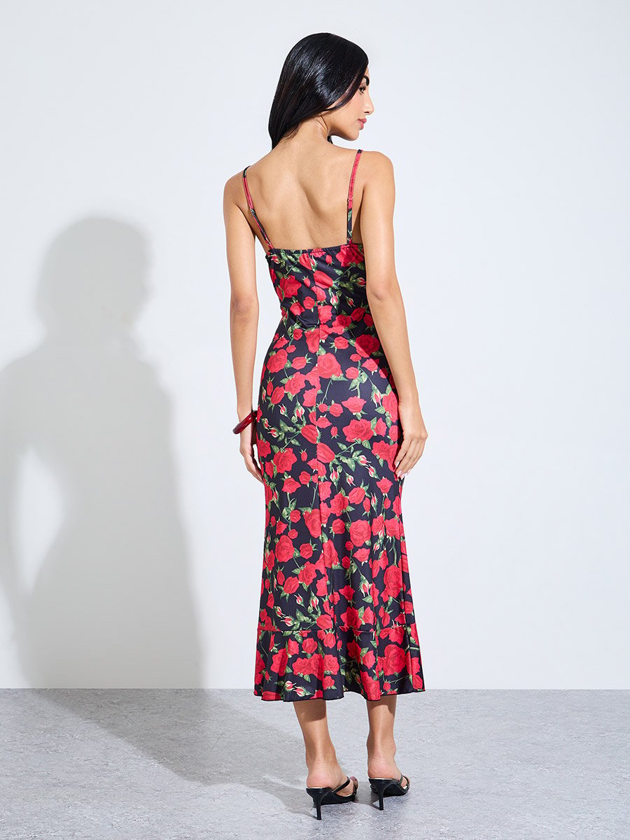 Red Floral Strappy Fit and Flare Midi Dress