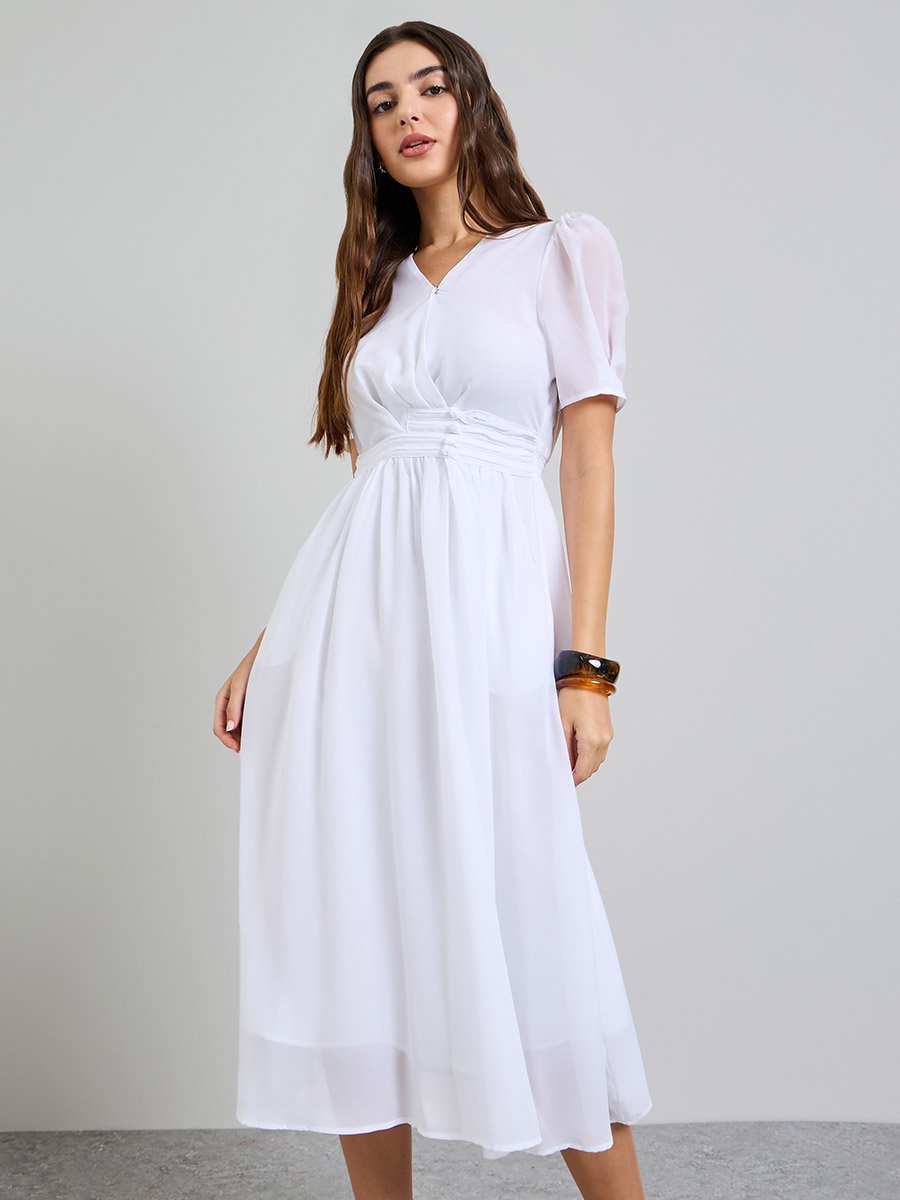 White Solid V Neck A-Line Midi Dress