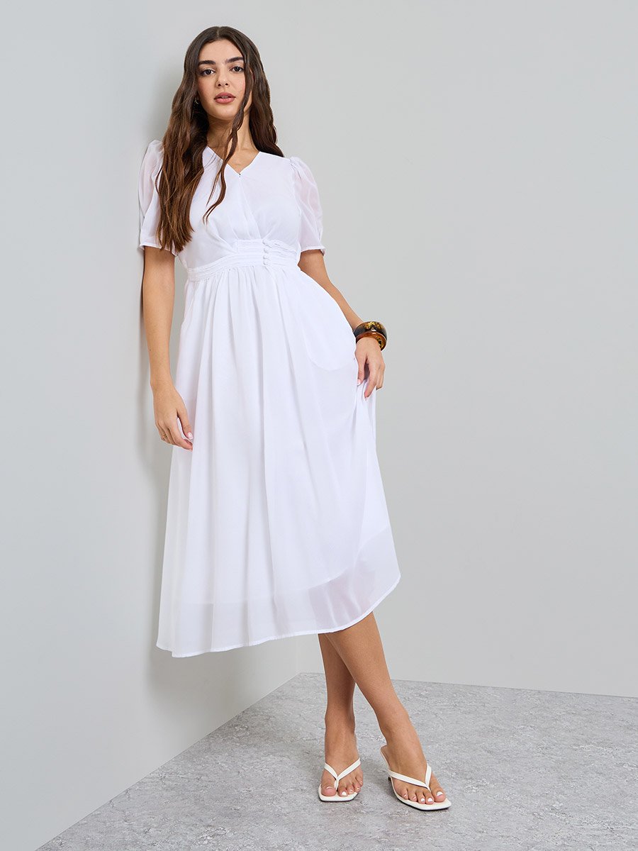 White Solid V Neck A-Line Midi Dress