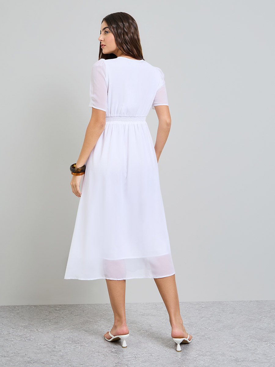 White Solid V Neck A-Line Midi Dress