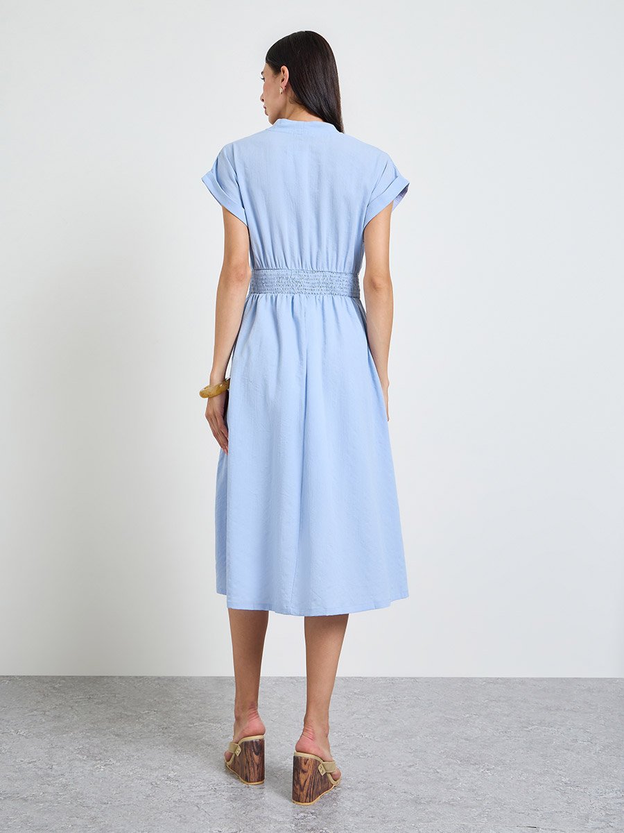 Blue Solid Cap Sleeves Midi Dress With Ruched Details