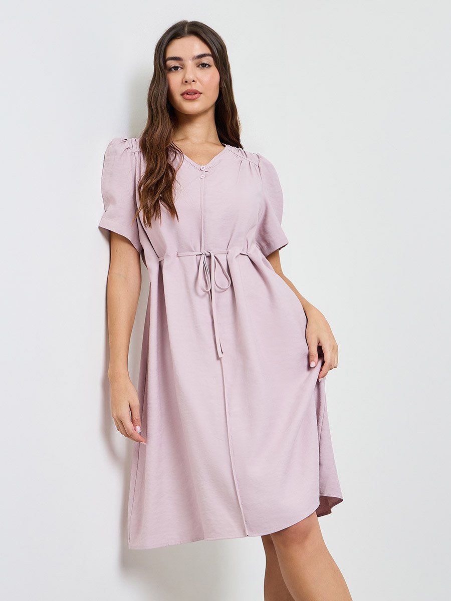 Pink Solid Knee Length Dress with Drawstring