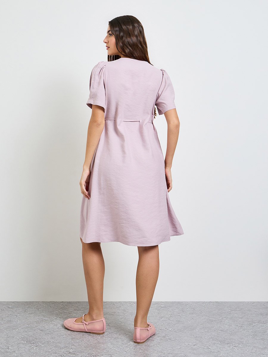 Pink Solid Knee Length Dress with Drawstring