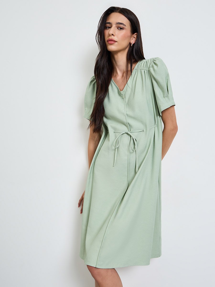Green Solid Knee Length Dress with Drawstring