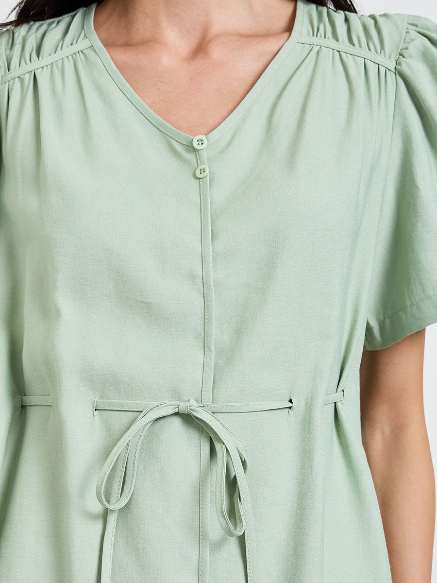 Green Solid Knee Length Dress with Drawstring