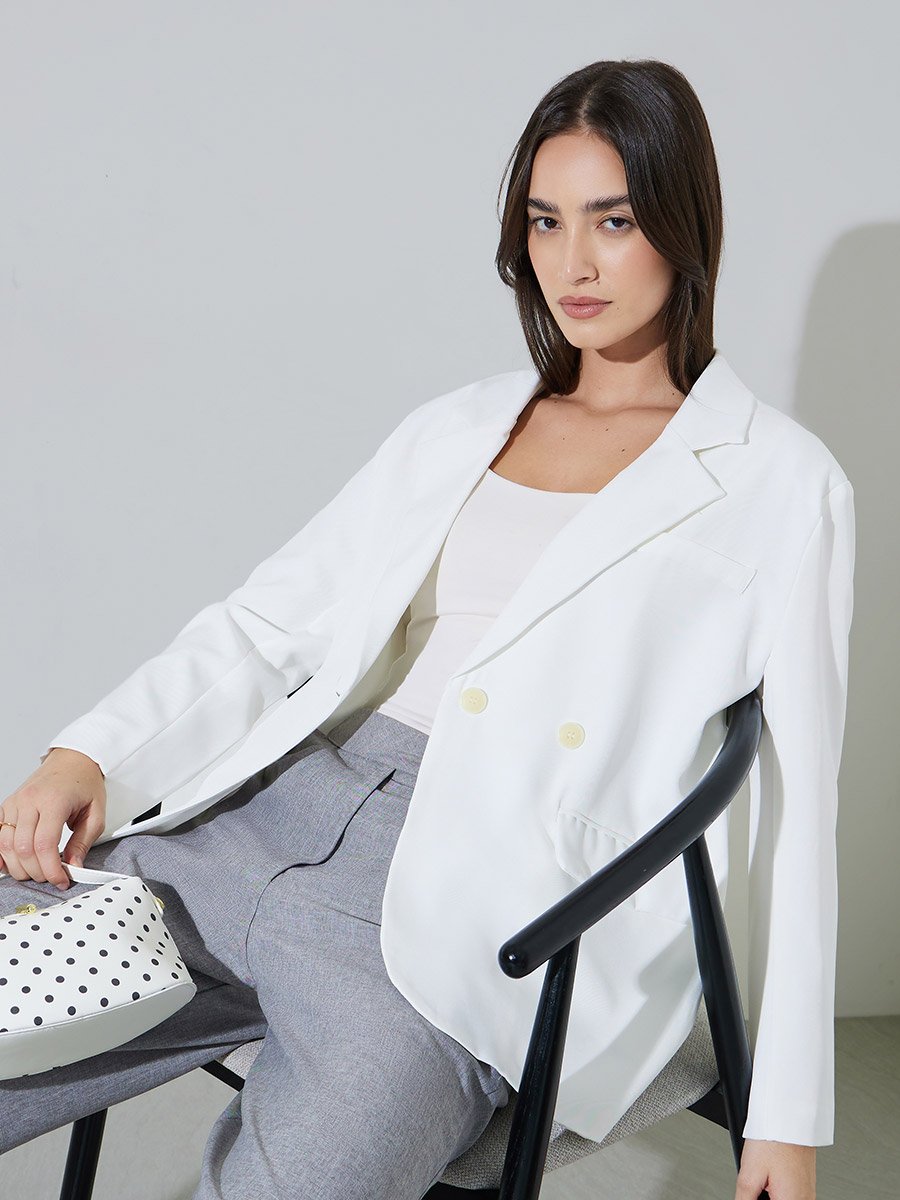 White Solid Double-Breasted Loose Fit Blazer