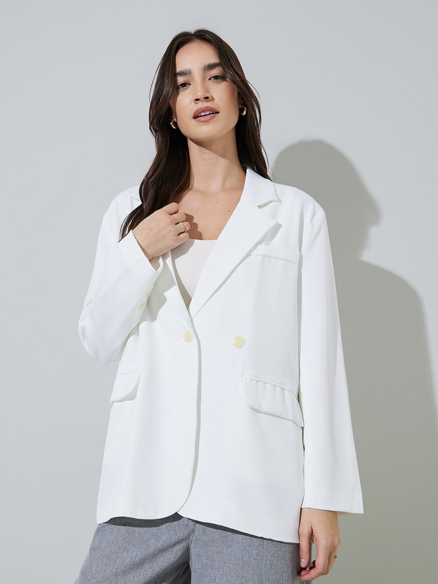 White Solid Double-Breasted Loose Fit Blazer