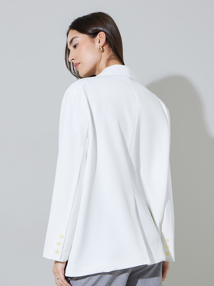 White Solid Double-Breasted Loose Fit Blazer