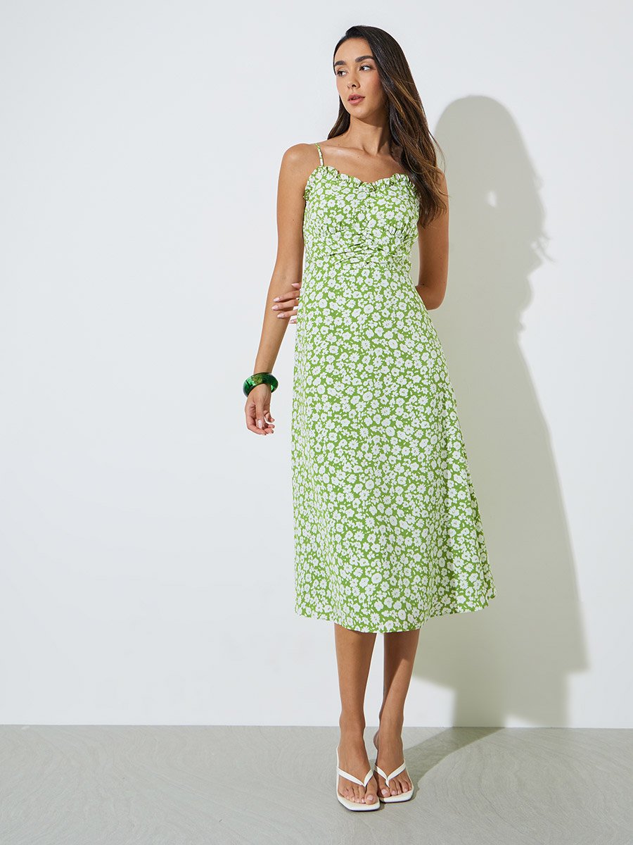 Green Floral Print Strappy Midi Dress