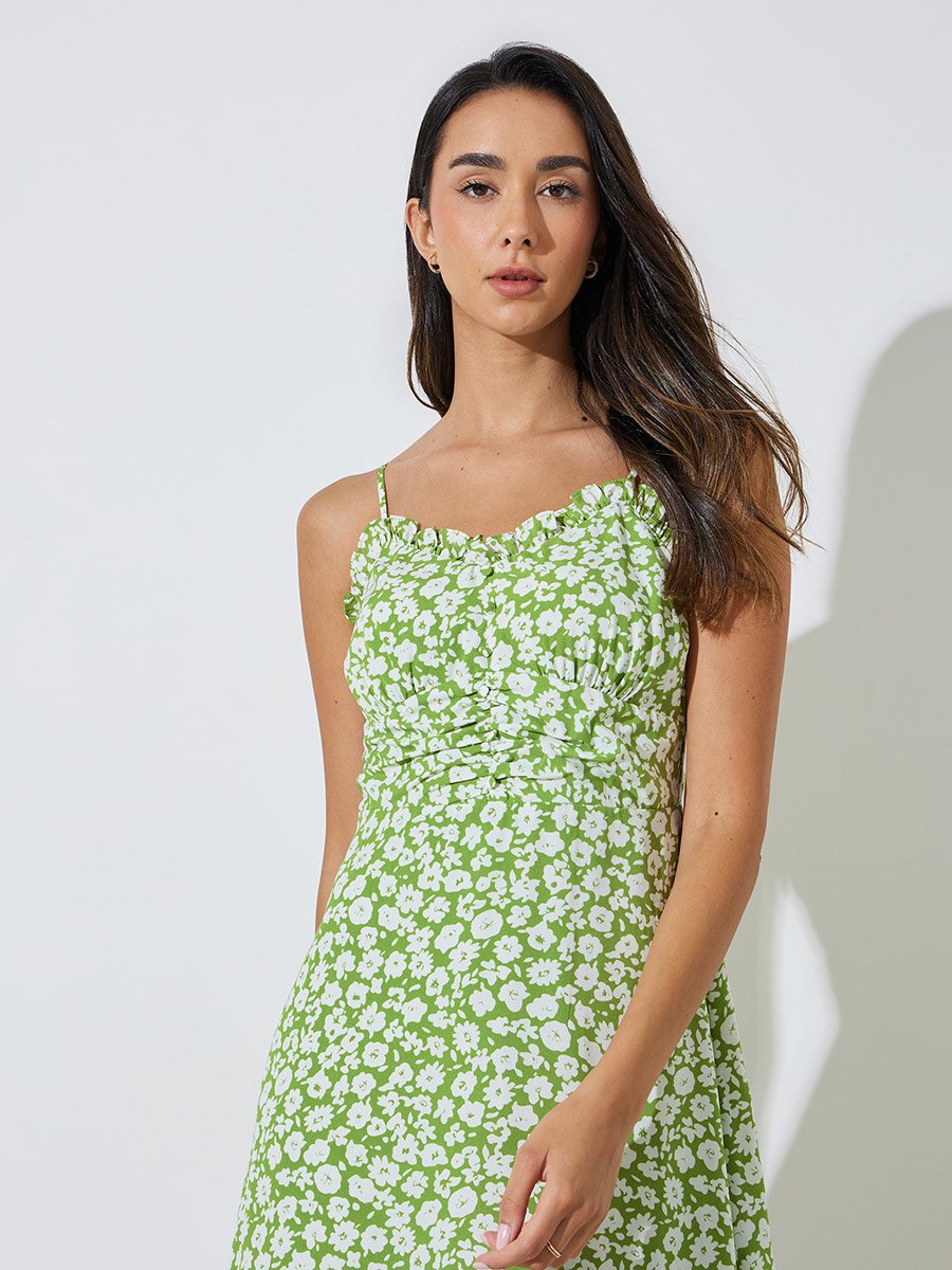 Green Floral Print Strappy Midi Dress