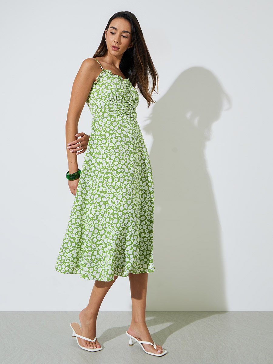 Green Floral Print Strappy Midi Dress