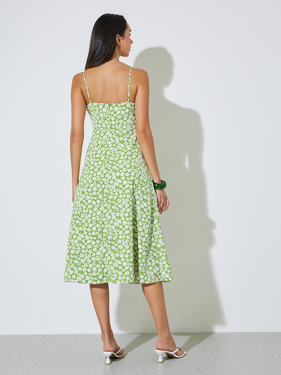Green Floral Print Strappy Midi Dress