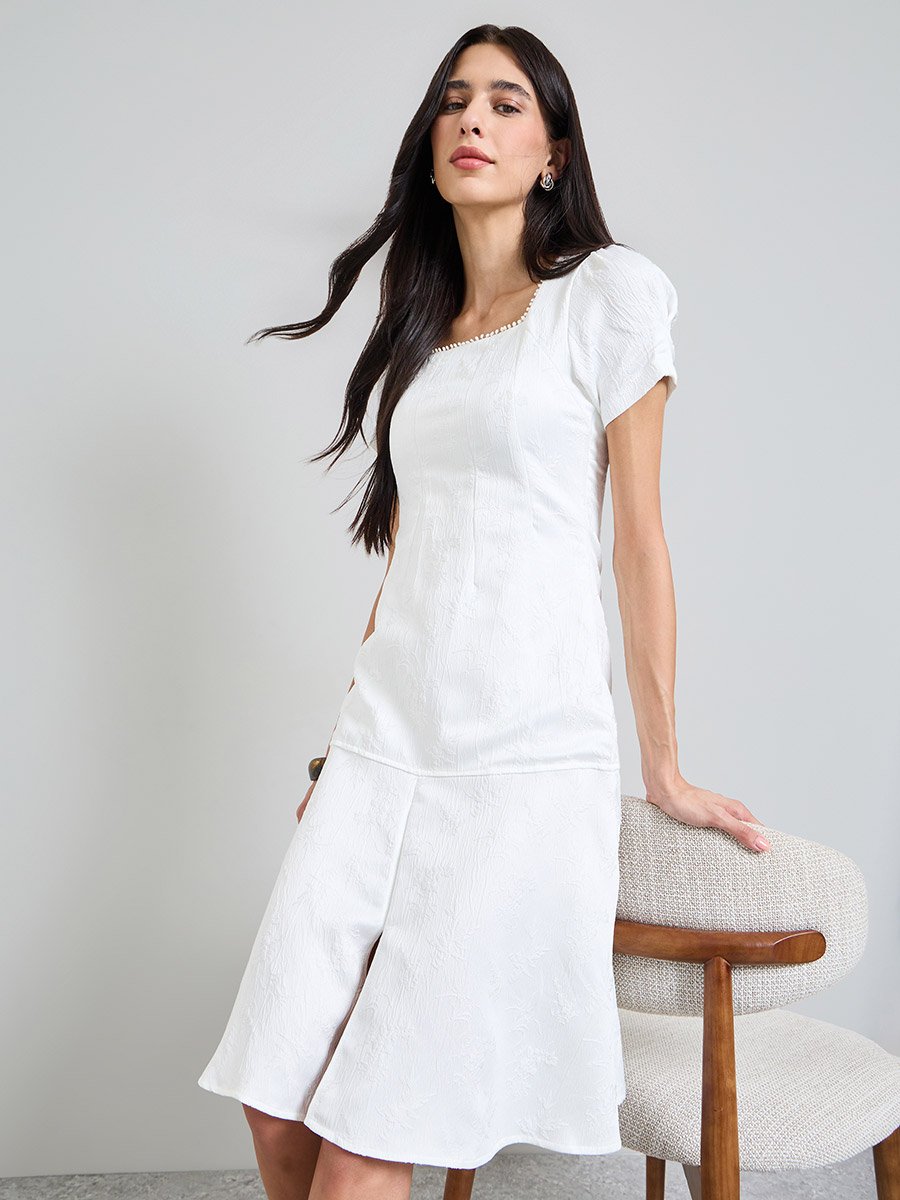 White Solid Front Slit Square Neck A-Line Midi Dress