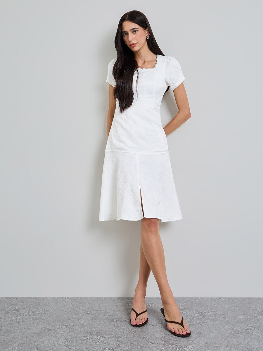 White Solid Front Slit Square Neck A-Line Midi Dress