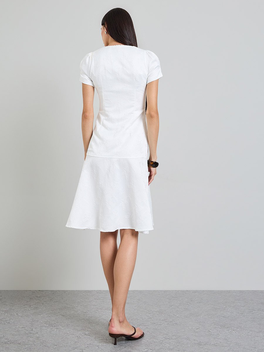 White Solid Front Slit Square Neck A-Line Midi Dress
