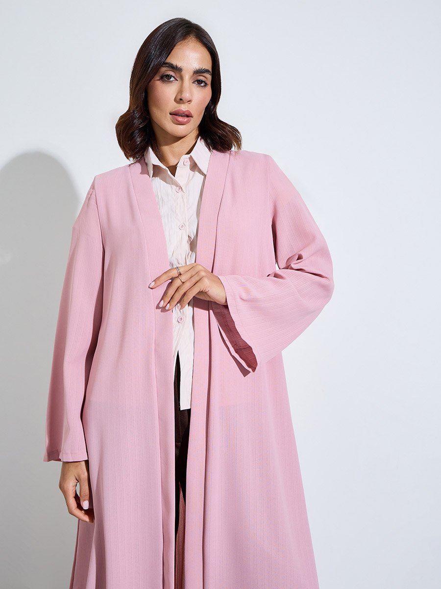 Light Pink Pleated Back Open Front Abaya