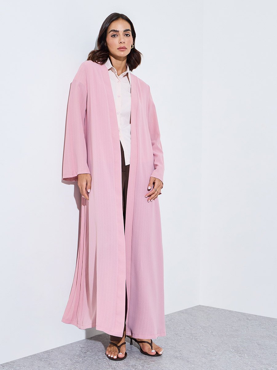 Light Pink Pleated Back Open Front Abaya