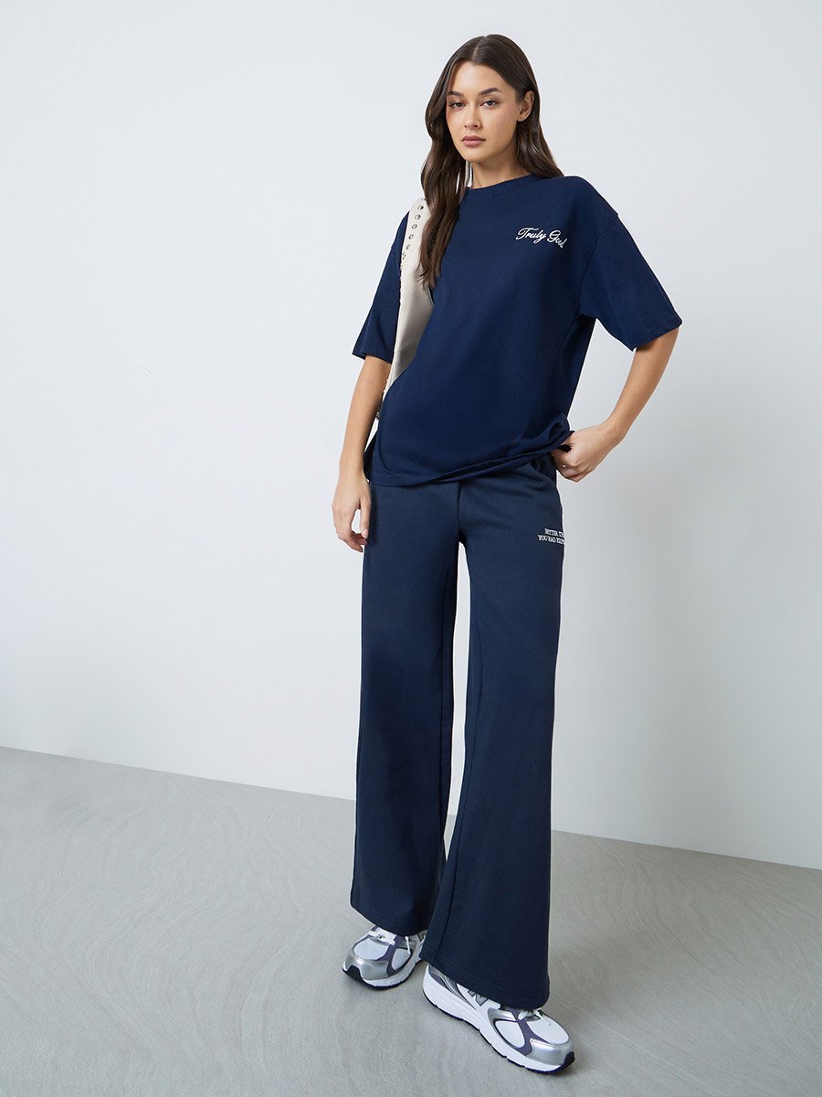 Navy Blue Slogan Embroidered Short Sleeves Oversized T-Shirt