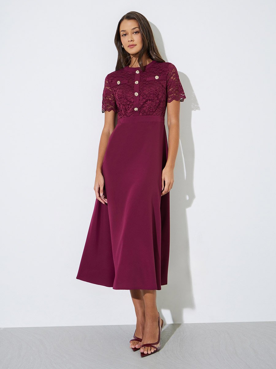 Burgundy Lace and Button Details A-Line Midi Dress