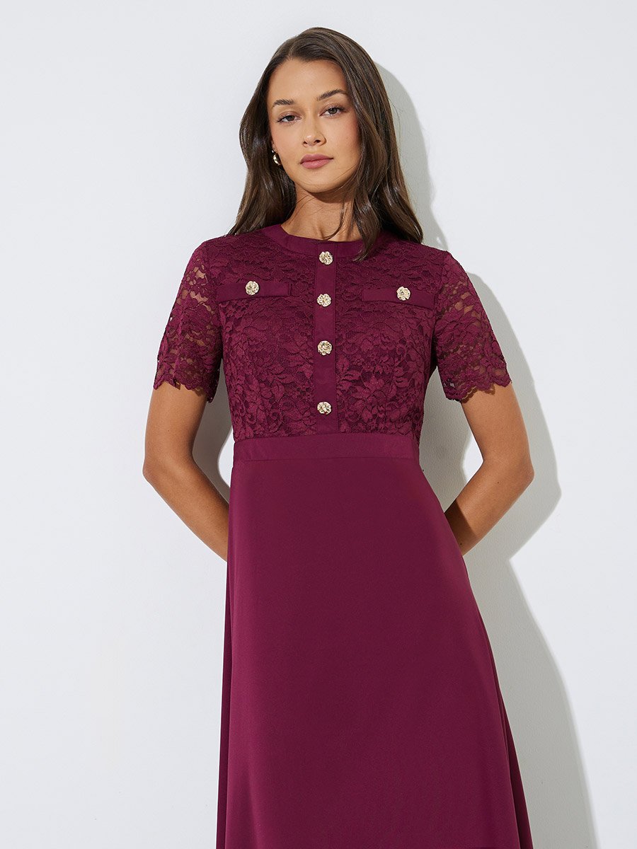 Burgundy Lace and Button Details A-Line Midi Dress