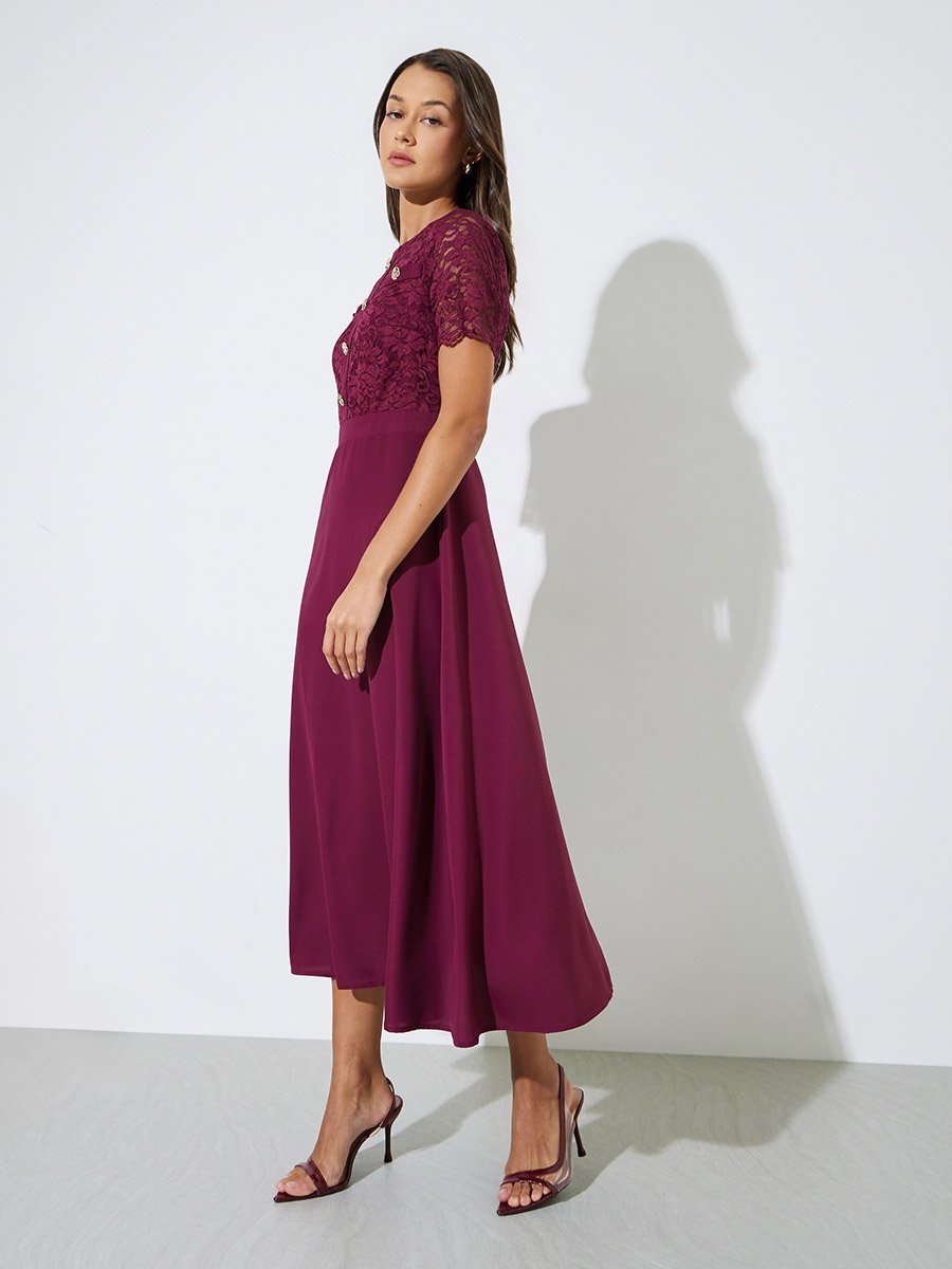 Burgundy Lace and Button Details A-Line Midi Dress