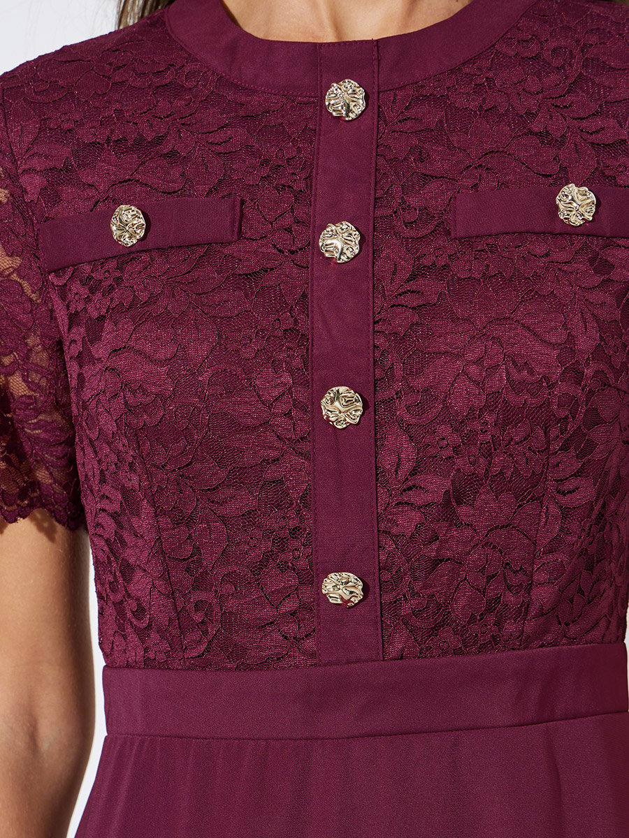 Burgundy Lace and Button Details A-Line Midi Dress