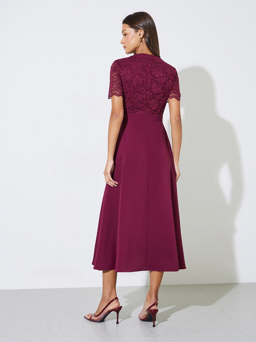 Burgundy Lace and Button Details A-Line Midi Dress