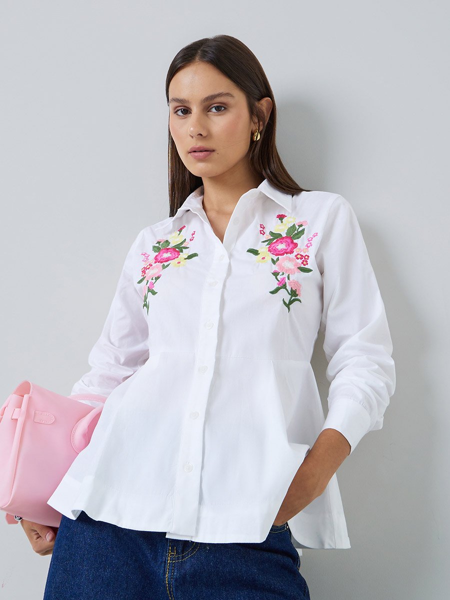 Off White Embroidered Floral Poplin Shirt