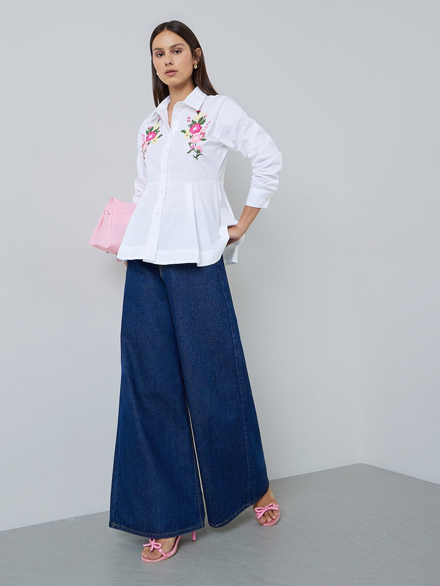 Off White Embroidered Floral Poplin Shirt