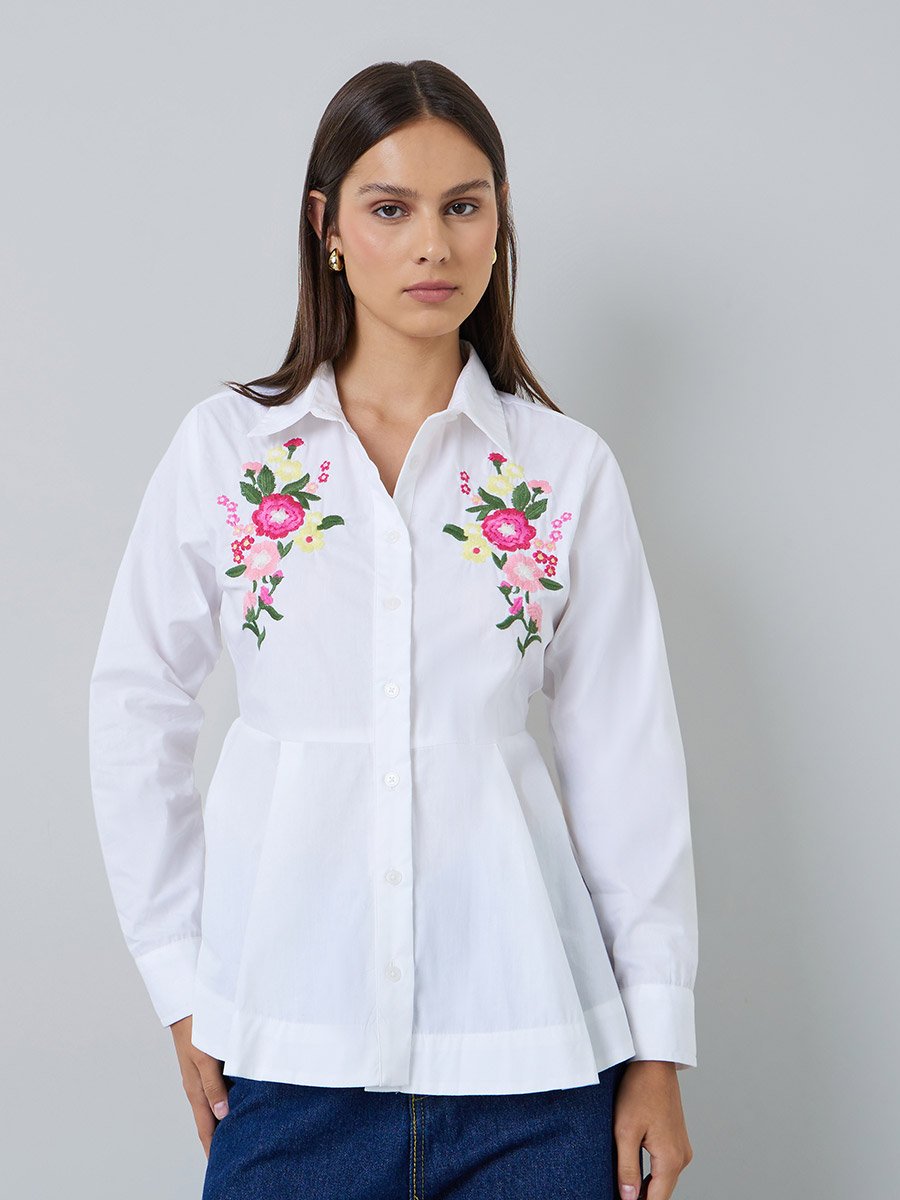 Off White Embroidered Floral Poplin Shirt