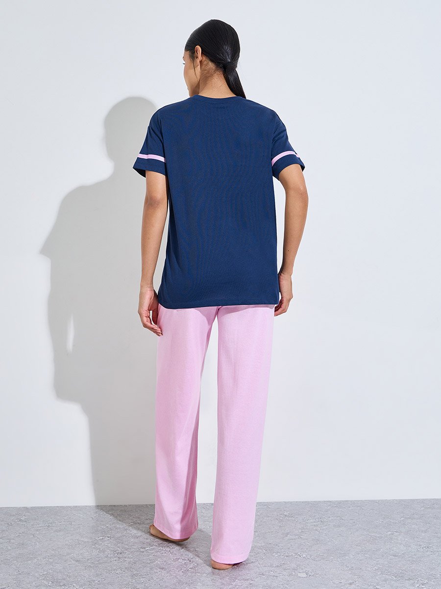 Multi-Color Slogan Print Short Sleeves T-Shirt and Wide Leg Pants Pyjama Set