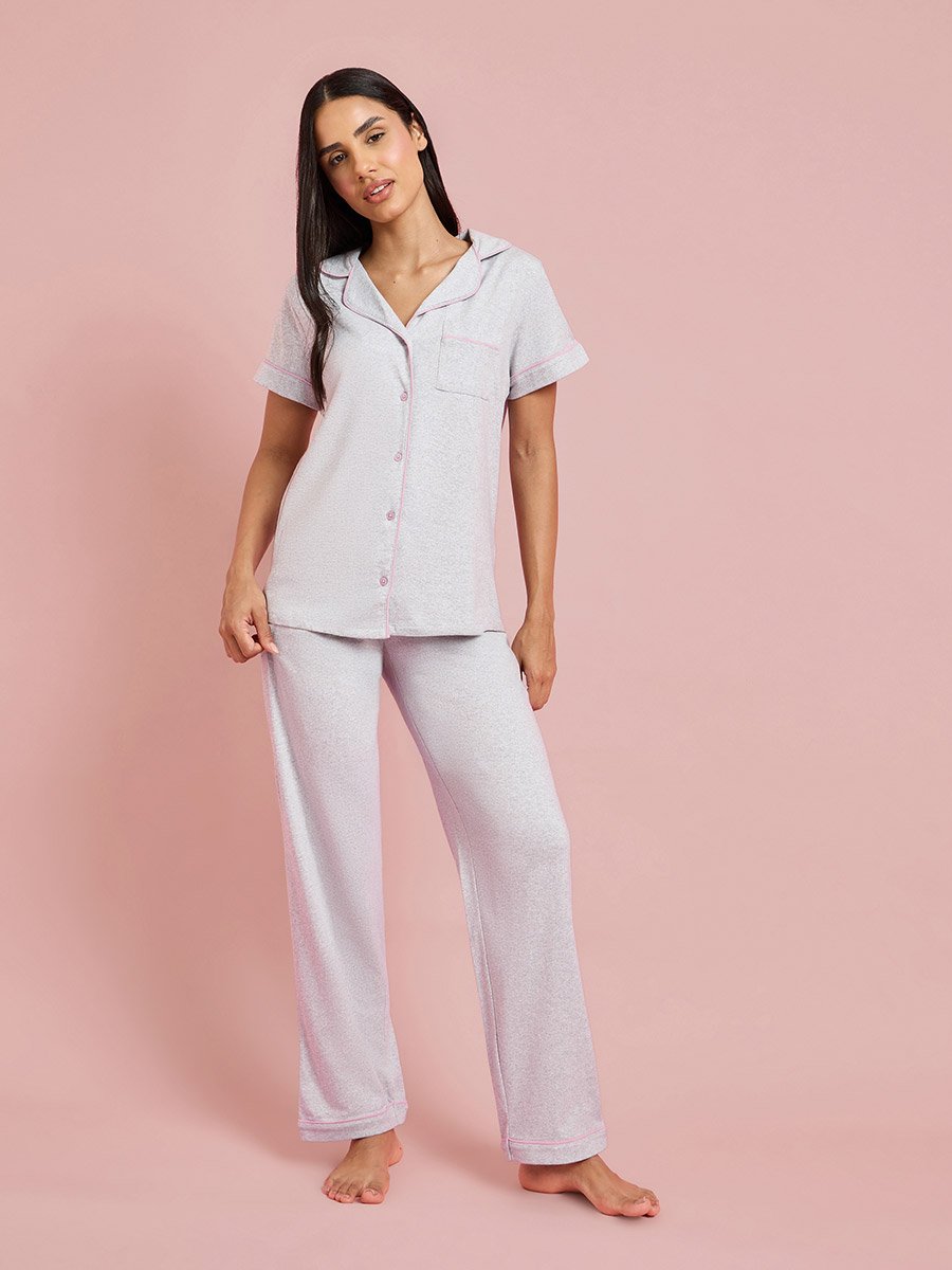 Grey Contrast Trims Short Sleeves Shirt and Wide leg pants Pyjama Set