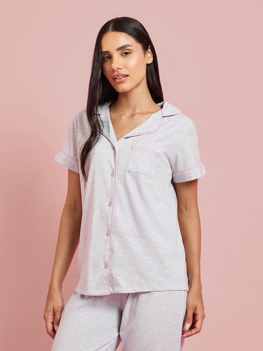 Grey Contrast Trims Short Sleeves Shirt and Wide leg pants Pyjama Set