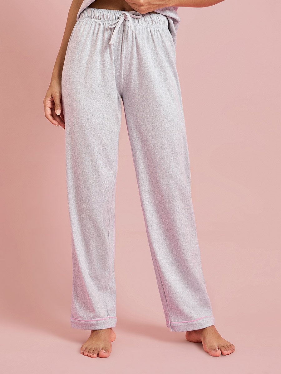Grey Contrast Trims Short Sleeves Shirt and Wide leg pants Pyjama Set
