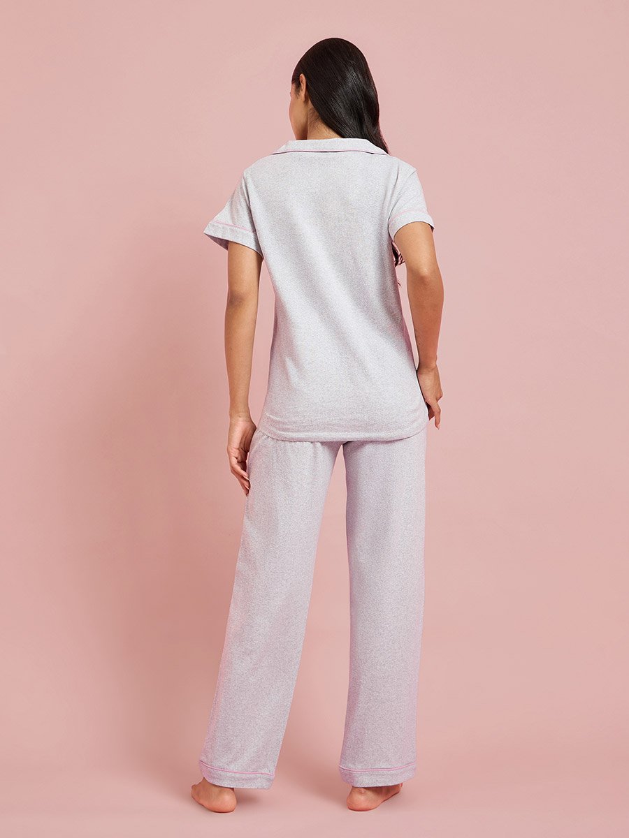 Grey Contrast Trims Short Sleeves Shirt and Wide leg pants Pyjama Set