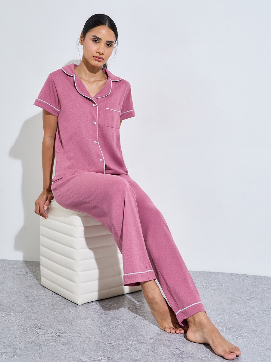 Pink Contrast Trims Short Sleeves Shirt and Wide leg pants Pyjama Set