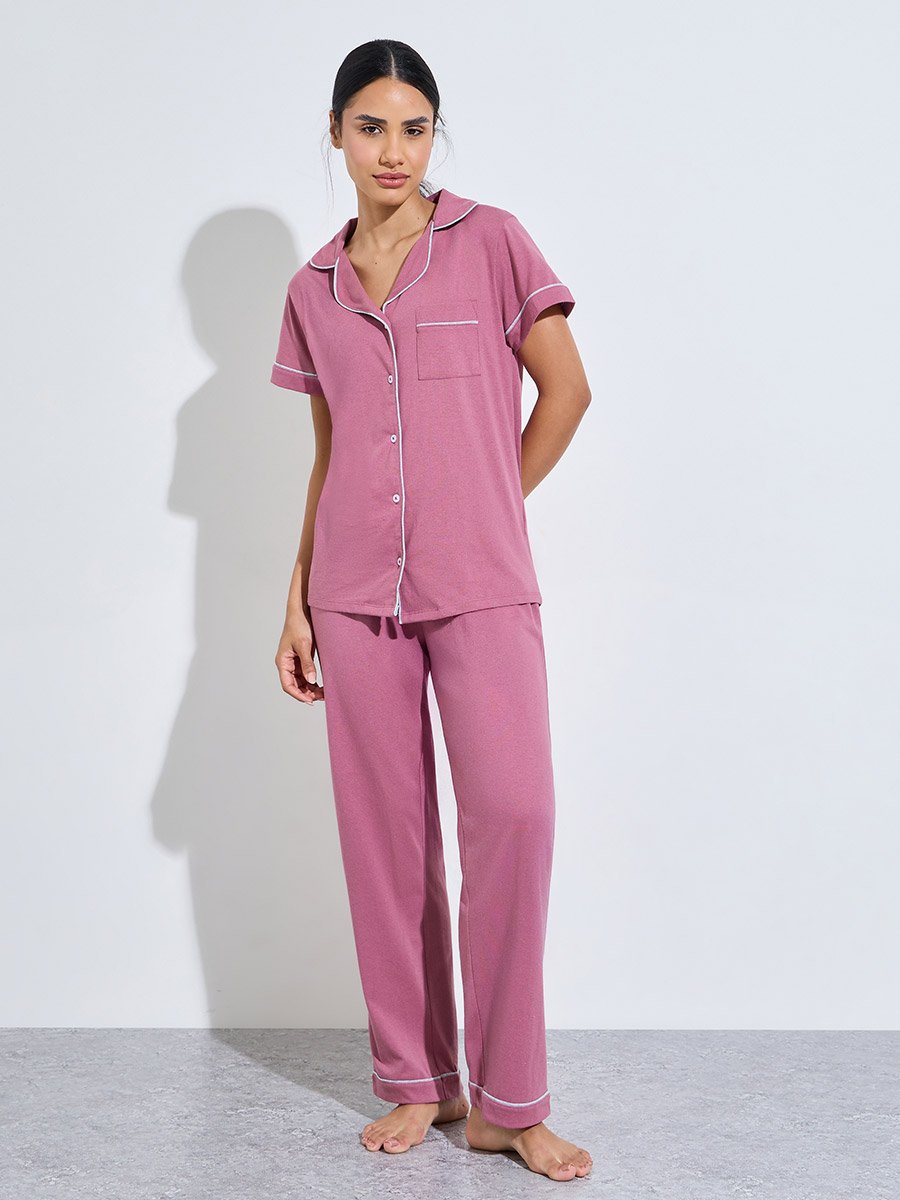 Pink Contrast Trims Short Sleeves Shirt and Wide leg pants Pyjama Set