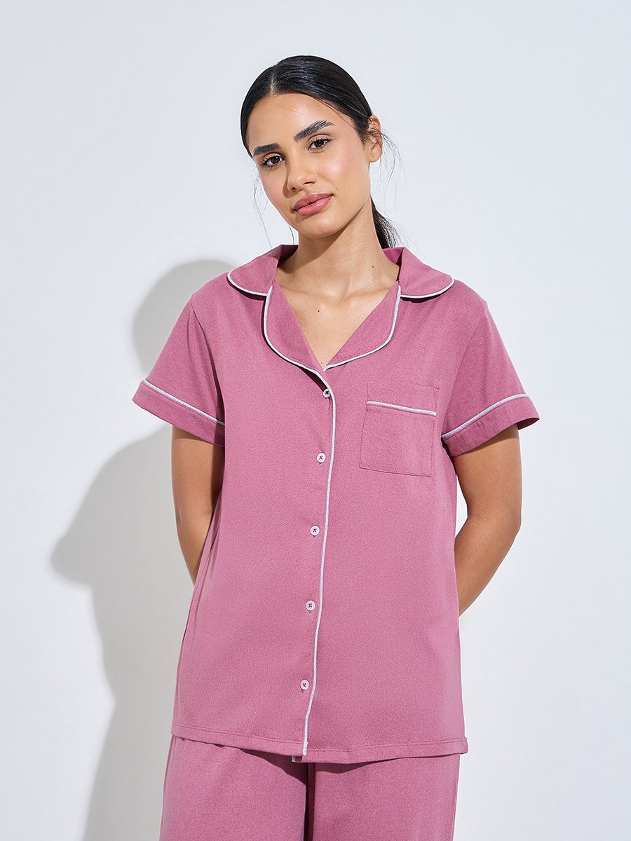 Pink Contrast Trims Short Sleeves Shirt and Wide leg pants Pyjama Set