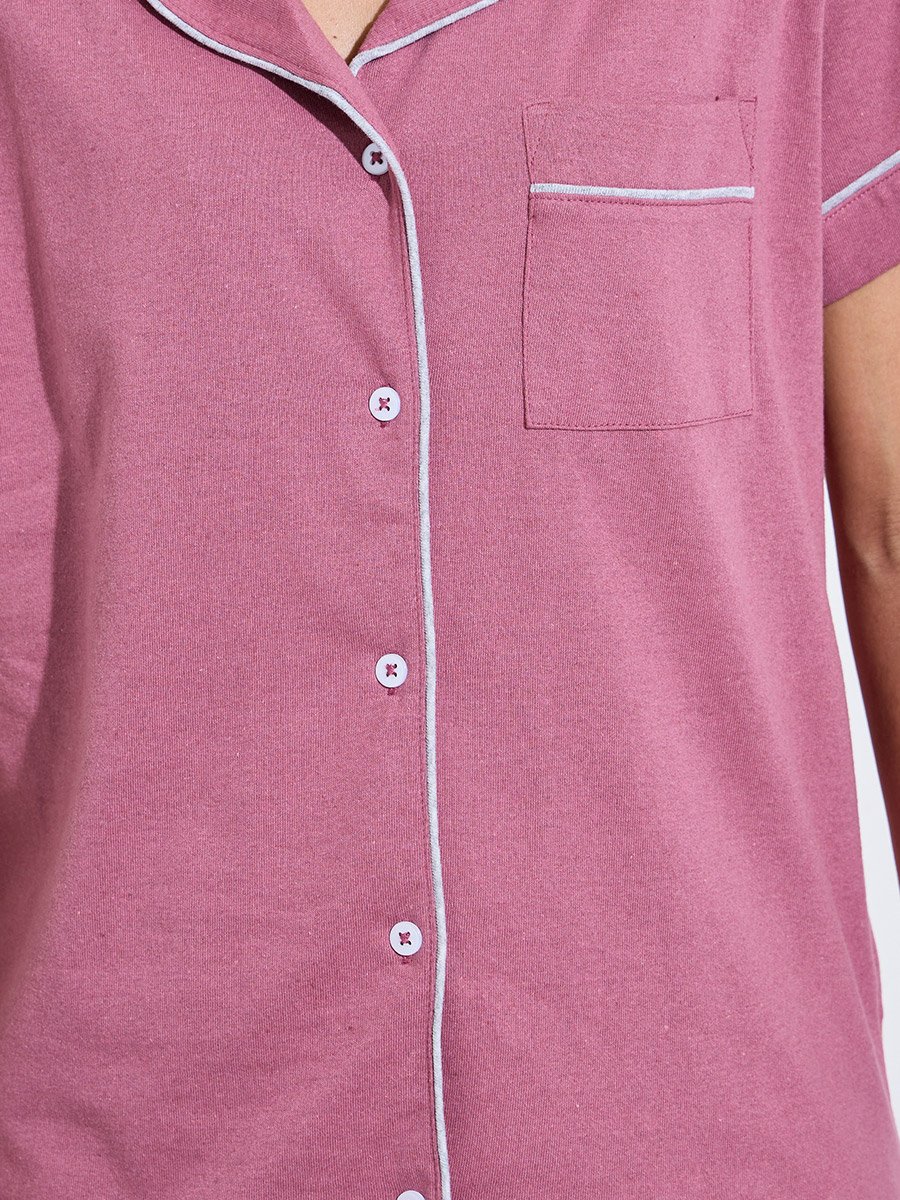 Pink Contrast Trims Short Sleeves Shirt and Wide leg pants Pyjama Set