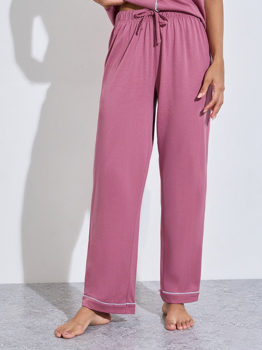 Pink Contrast Trims Short Sleeves Shirt and Wide leg pants Pyjama Set