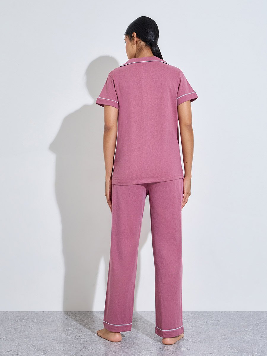 Pink Contrast Trims Short Sleeves Shirt and Wide leg pants Pyjama Set