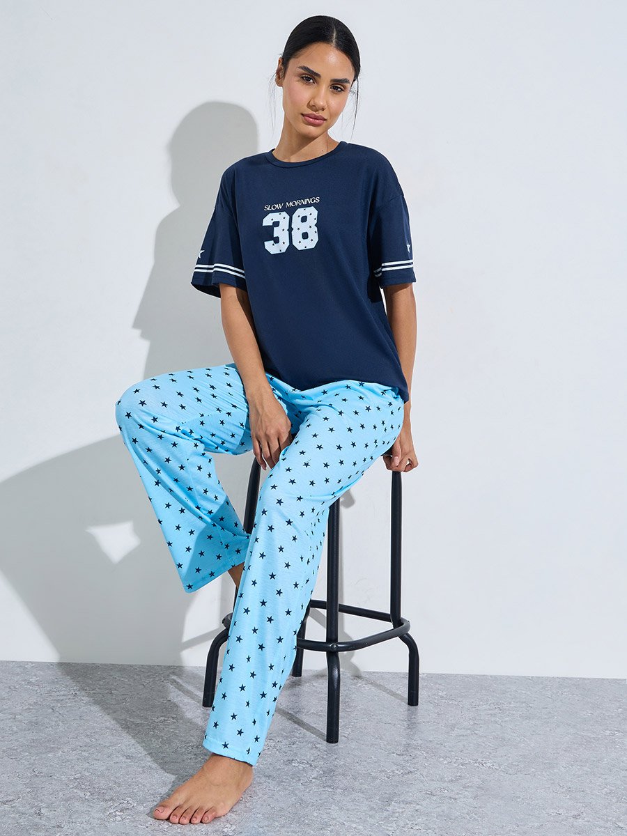 Blue Star Print T-Shirt and Straight Leg Pants Pyjama Set